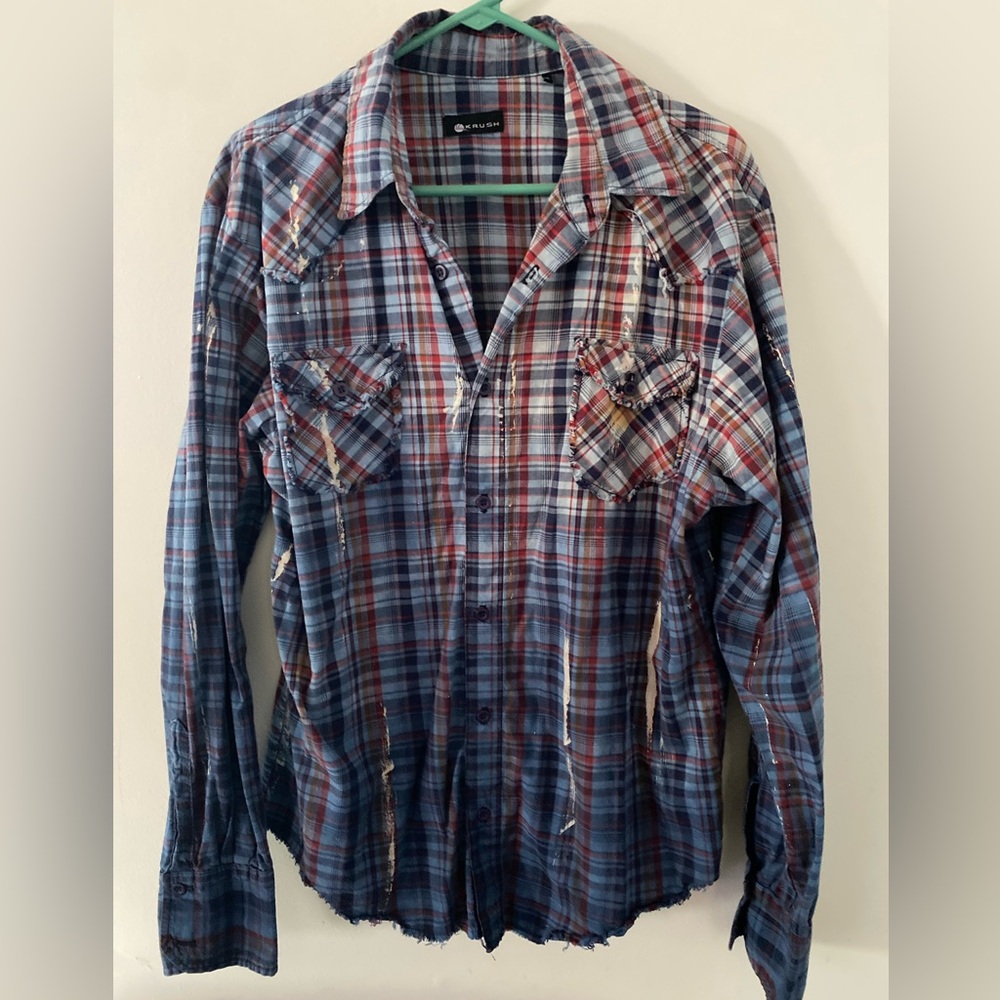 Vintage Krush Los Angeles Shirt Mens L Madras Plaid Button Up Ombré Blue